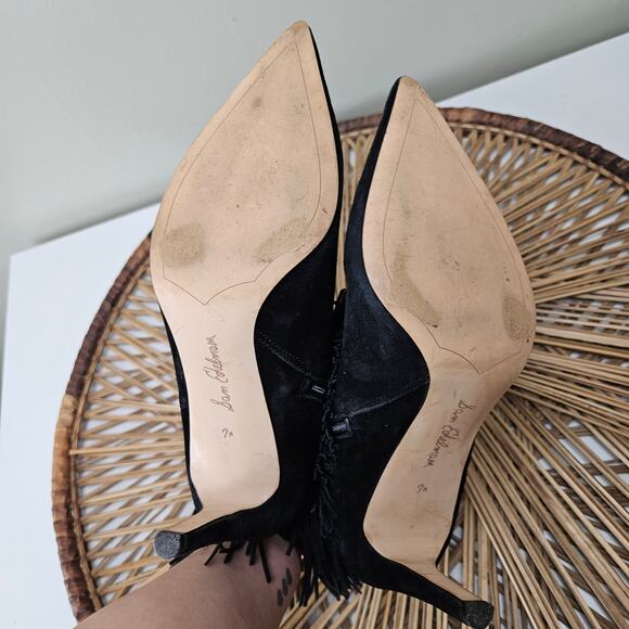 Sam Edelman Kandice Suede Fringe Ankle Bootie Pumps 7.5 Black Boots Heels - Picture 7 of 11